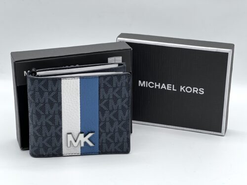 IMG_5144 Michael Kors Blue Mason Signature Logo Stripe Billfold Wallet