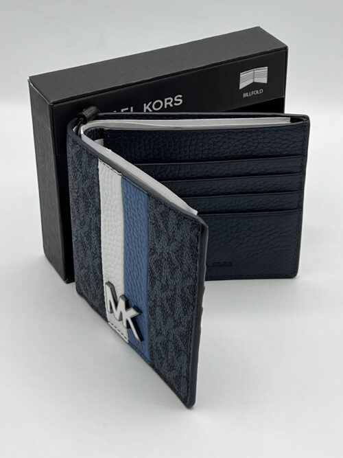IMG_5162 Michael Kors Blue Mason Signature Logo Stripe Billfold Wallet