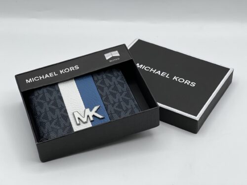 IMG_5178 Michael Kors Blue Mason Signature Logo Stripe Billfold Wallet
