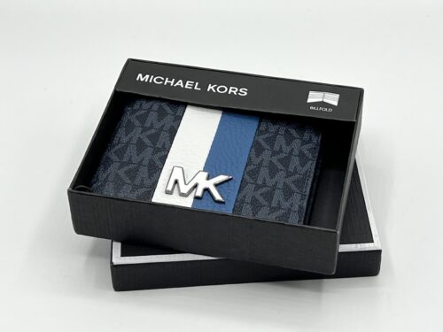 IMG_5182 Michael Kors Blue Mason Signature Logo Stripe Billfold Wallet