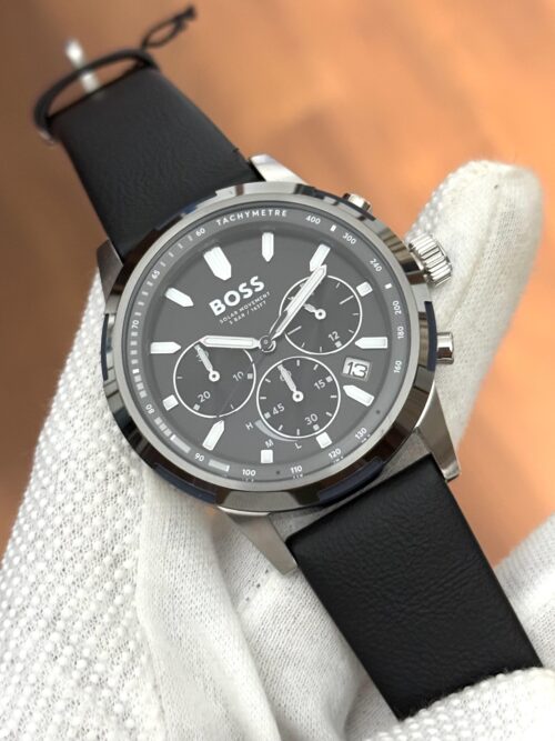 IMG_0875 BOSS Black-Dial Chronograph Solar Watch with Black Leather Strap