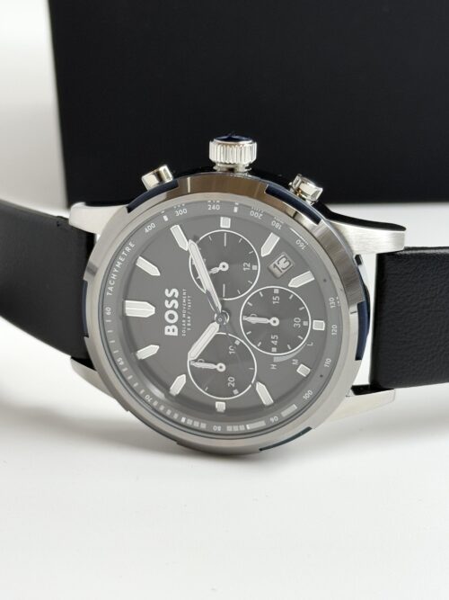 IMG_0884 BOSS Black-Dial Chronograph Solar Watch with Black Leather Strap