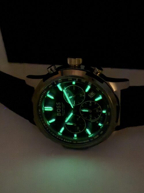 IMG_0916 BOSS Black-Dial Chronograph Solar Watch with Black Leather Strap